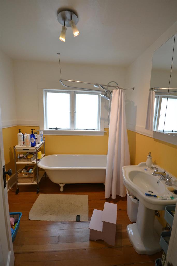 BATHROOM BEFORE & AFTER: the original single bathroom, master bedroom to the left and W/C to the right